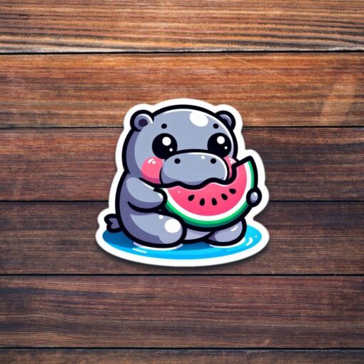 Kawaii Hippo Eating Watermelon Vinyl Sticker